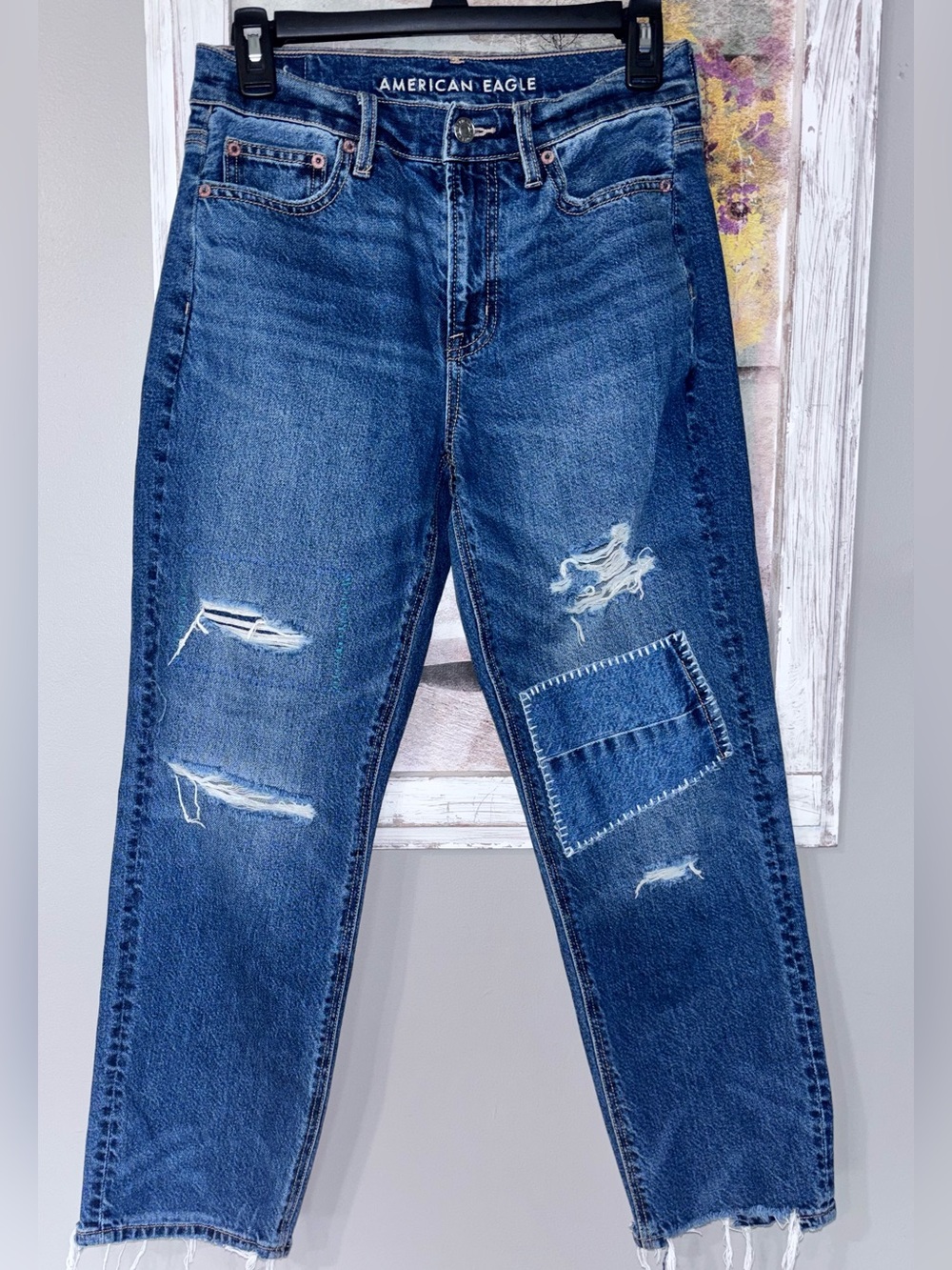 American Eagle Strigid Super High-Rise Ankle Straight Ripped Patch Y2K Sz 2